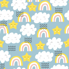 Seamless baby pattern with cute cloud, star, rainbow and rain drops.