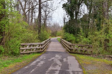 Fototapeta premium Views of Bridges and Pathways along the Shelby Bottoms Greenway and Natural Area Cumberland River frontage trails, bottomland hardwood forests, open fields, wetlands, and streams, Nashville, Tennessee
