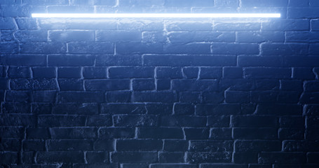 3d rendering. Brick wall illuminated by a neon blue light. Abstract background. Light effect on the protruding surface.