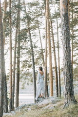 Girl in a boudoir dress in a pine forest. Standing on the rocks in a thin flying dress. Unity with nature at the wedding. Bride at sunset