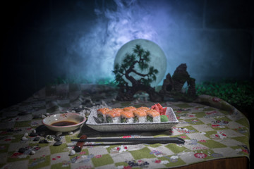 Japanese sushi set with ready to serve. Beautiful eastern style table decoration with sushi.