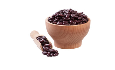 red kidney bean in wooden bowl and scoop on white background isolated. nutrition. food ingredient.