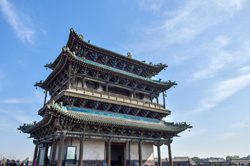 Ancient Chinese Architectural Gateway Wall under Clear Sky and White Cloud, Pingyao County,