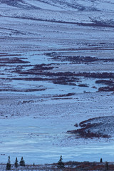 Tombstone park landscape of river and taiga before sunrise