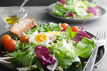 Fresh vegetarian salad with tomatoes, cheese and eggs