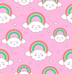 Cute seamless pattern, clouds with rainbows and stars for the design of children's prints and wallpapers.