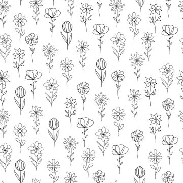 Seamless pattern with flowers and herbs. Scandinavian background. Nature style.