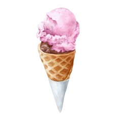 Hand drawn strawberry and chocolate ice cream in waffle cone on watercolor paper isolated on white background. Delicious food illustration.