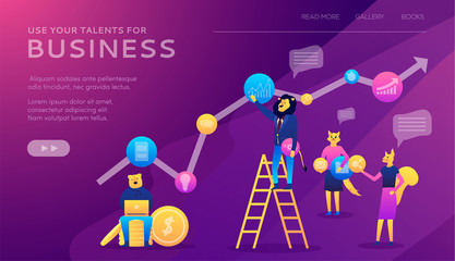 Career planning. Businessman draws graph of growth standing at stairs steps