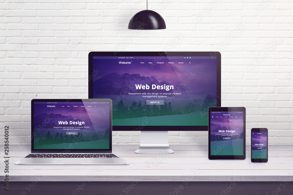 Fototapete Responsive web site on multiple different display devices. Concept of web design, development work desk.