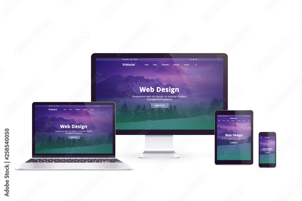 Poster Isolated computer display, laptop, tablet and smart phone. Web design company responsive web page concept on display.