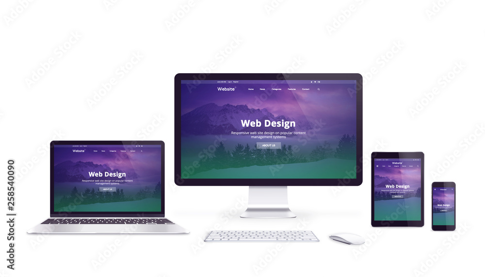 Poster Isolated devices with responsive web site on display.