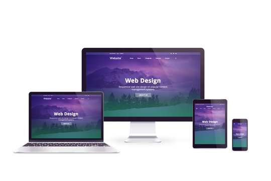 Isolated computer display, laptop, tablet and smart phone. Web design company responsive web page concept on display.