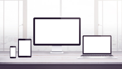 Responsive display devices mockup. Work desk, web design studio. Isplated display for web design promotion.