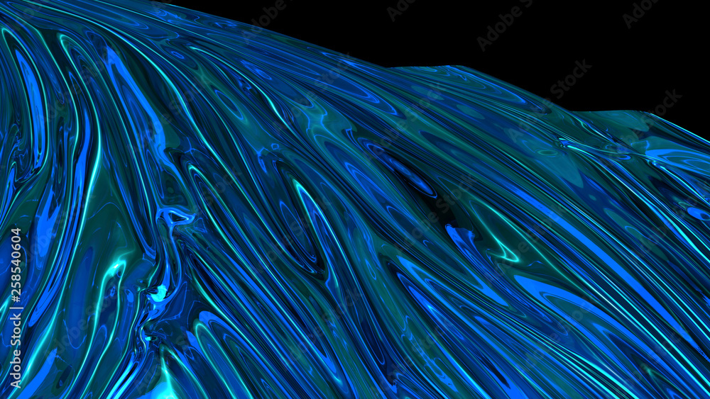 Poster 3d rendering of blue shiny fabric. the fabric develops smoothly in the wind