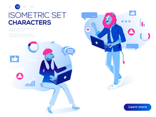 People work and interacting with graphs, icons and devices. Data analysis and office situations. 3D Isometric vector illustration set. Mobile application and website header images on white background.