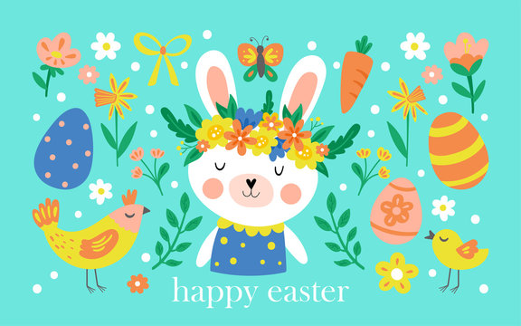 Easter holiday cute elements set with bunny, flowers and Easter eggs.