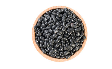 black bean in wooden bowl isolated on white background. nutrition. food ingredient.
