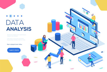 Data analysis concept with characters. Can use for web banner, infographics, hero images. Flat isometric vector illustration isolated on white background.