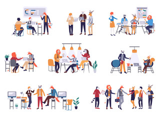 Collection of scenes at office. Bundle of men and women taking part in business meeting, negotiation, brainstorming, talking to each other. Colorful vector illustration in flat cartoon style.