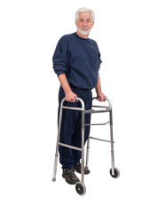 Cheerful Older Man With Walker Is Isolated On White