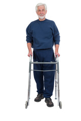 Happy Elderly Man With Walker Isolated on White