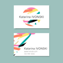 Business card template, color brush strokes on white background
