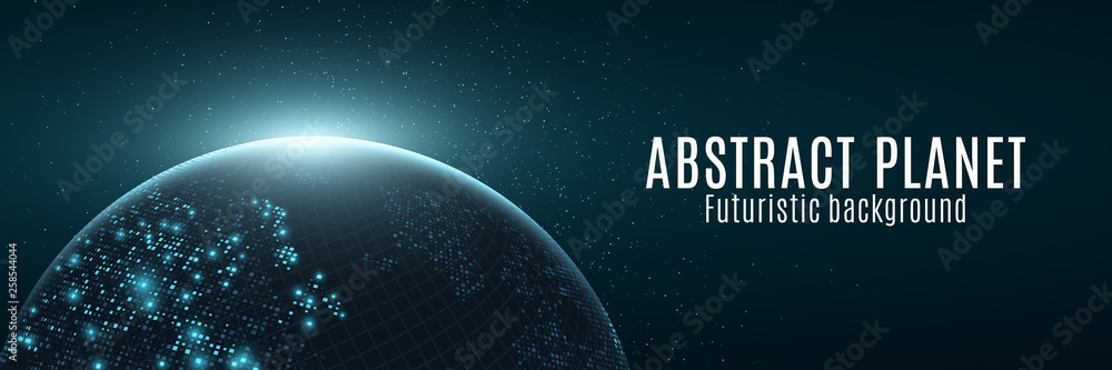 Poster abstract futuristic planet earth. glowing map of square dots. modern background. space composition. 
