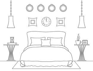 Outline bedroom interior. Vector illustration. Room template.