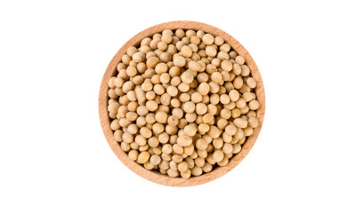 soy bean in wooden bowl isolated on white background. nutrition. food ingredient.