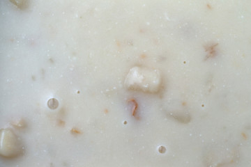 Close view of warm canned clam chowder