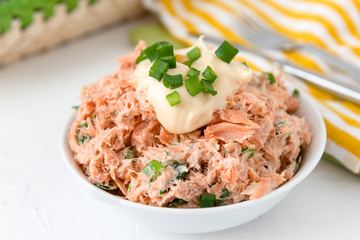 Smoked trout paste with mayonnaise and chives - obrazy, fototapety, plakaty
