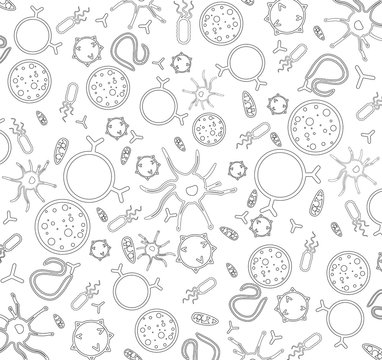 Immunology doodle and biomedical illustration containing dendrite cell, lymphocytes, antibodies, and pathogens like bacteria, virus and worms.