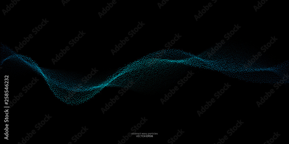 Poster Flowing particles wave pattern, blue and green color isolated on black background. Vector in concept of AI technology, science, music.