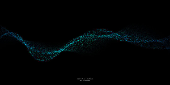 Flowing particles wave pattern, blue and green color isolated on black background. Vector in concept of AI technology, science, music.