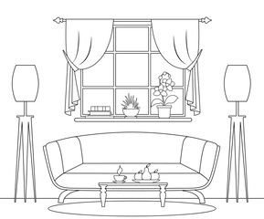Conceptual interior of the living room. Linear illustration. Sketch.