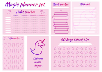 Magic set with trackers habits. Tracker habits, for reading books, for coffee, for planning, wishlist and motivational poster. Unicorns, pink, stars.