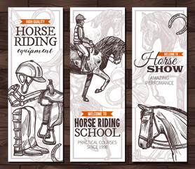 Vector monochrome hand drawn vertical banners with horses, equestrian sport and equipment for horseback riding. Design with sketch engrawind illustration