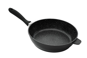 Kitchen frying pan with black plastic handle glass cover isolate on white background