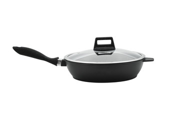 Kitchen frying pan with black plastic handle glass cover isolate on white background