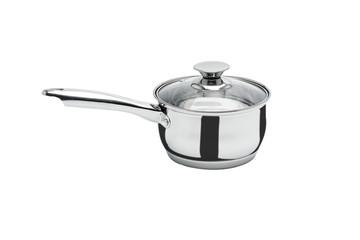 Casserole kitchen kettle dishes silver plated steel isolate white background.