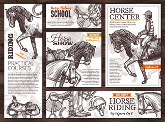 Collection of monochrome vector hand drawn cards for horse riding, school, lessons, equestrian club or academy, horseback equipment. Posters and banners with sketch illustrations with typography