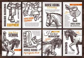 Collection of vector hand drawn posterss for horse riding, school, lessons, equestrian club or academy, horseback equipment. Monochrome cards with sketch illustrations with typography