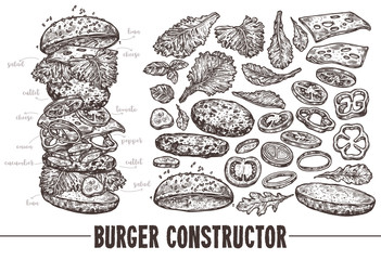 Hand drawn monochrome vector burger with ingredients. Sketch illustration of hamburger products components and elements. Constructor for fast food restaurant menu - obrazy, fototapety, plakaty