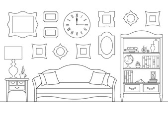 Linear interior with a sofa, a bookcase. Vector illustration in outline style. Living room.