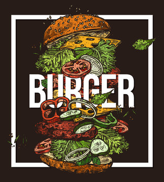 Sketch Poster With Flying Burger. Hand Drawn Vector Illustration With Ingredients And Components For Hamburger. Fast Food Design Trendy Concept On Black Background With Frame