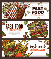 Sketch vector fast food colorful horizontal banners. Templates of design with hand drawn hamburger, pop corn, sandwich, cola, french fries