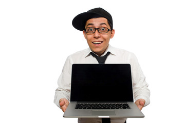 Young funny male programmer isolated on white 