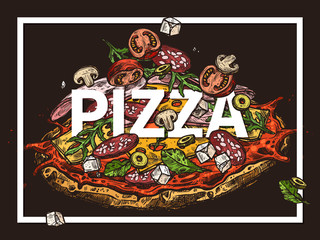 Sketch vector poster with pizza, different ingredients and typography. Trendy hand drawn illustration