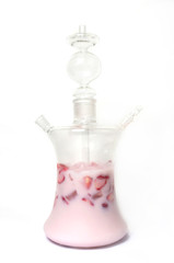 DEEZER TANK GLASS HOOKAH on milk strawberries of glass isolated white background. Shisha, sheesha, nargile, hubbly bubbly. Smoking, bad habits, addiction